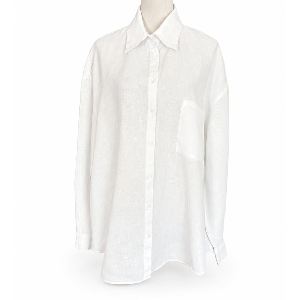 AEXAE White Linen Woven Button-Up Long Sleeves Shirt Large